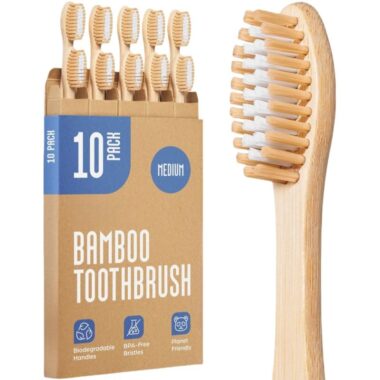 Adult Bamboo Toothbrush with Natural Wooden Handle and Medium Bristles