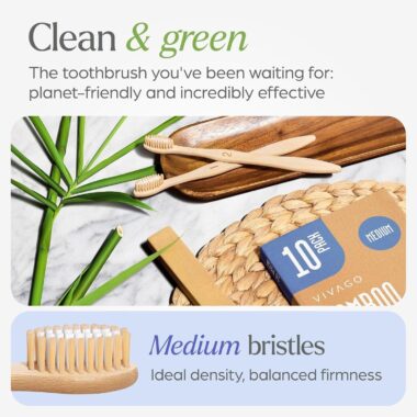 Adult Bamboo Toothbrush with Natural Wooden Handle and Medium Bristles