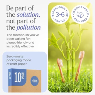 Adult Bamboo Toothbrush with Natural Wooden Handle and Medium Bristles