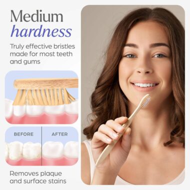 Adult Bamboo Toothbrush with Natural Wooden Handle and Medium Bristles